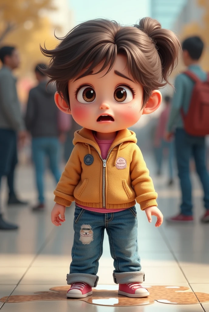 Girl that pees her jeans in public and looks shocked
You can clearly see the wet patch on her jeans shes 2 and you can see her wet pants full of pee
