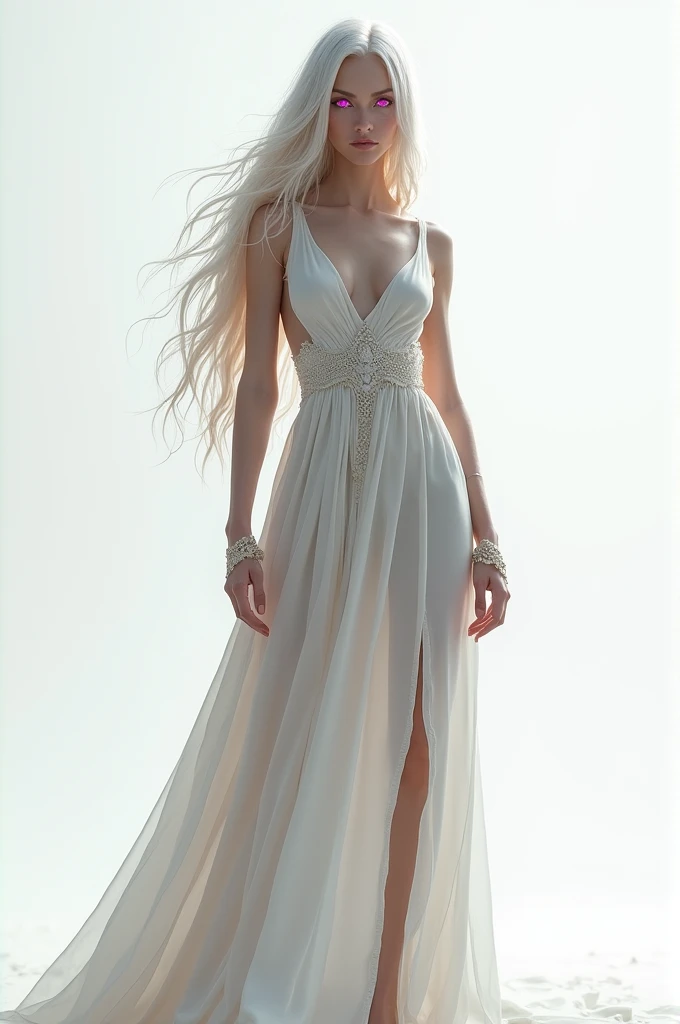woman character, strong and beautiful with white hair and pink eyes, white