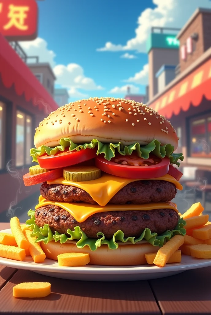 Burger juteux avec de frites anime