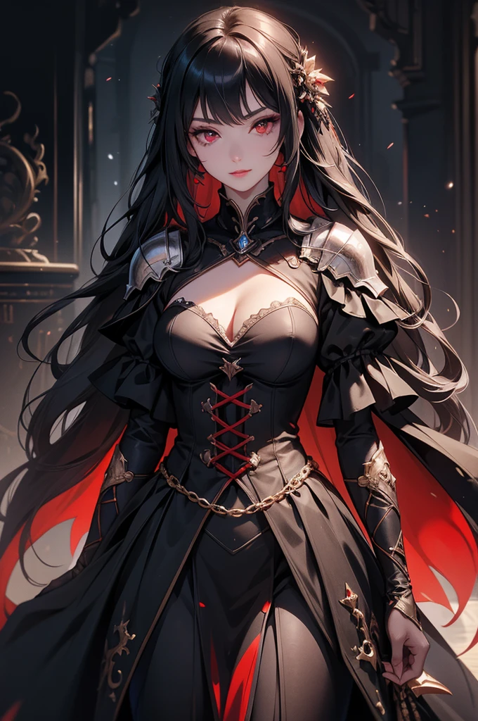 masterpiece,best quality,extremely detailed CG,ultra-detailed,beautiful detailed eyes,1woman,dark general,dark knight,knight costume,red eyes,random hair,smirk,faint lips,open stance,