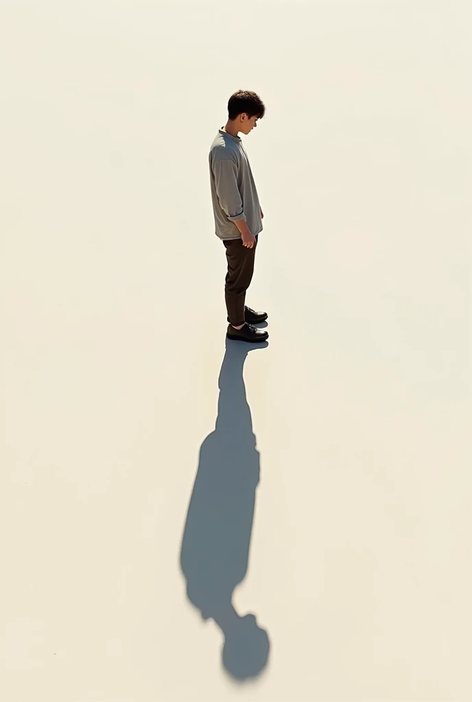Create a realistic image of a person standing up looking down at their shadow in front of them