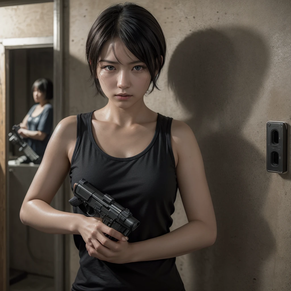 Photos, (photorealistic: 1.4), (Hyper realistic: 1.4), (cinematographic: 1.5), Woman in her 20s, Japan, Woman with gun, (Desert Eagle), Nikita, evening, Blue light, Strain, short hair, Holding a gun in two hands, basement, black t-shirt, Electrical cable on the wall, Water pipes