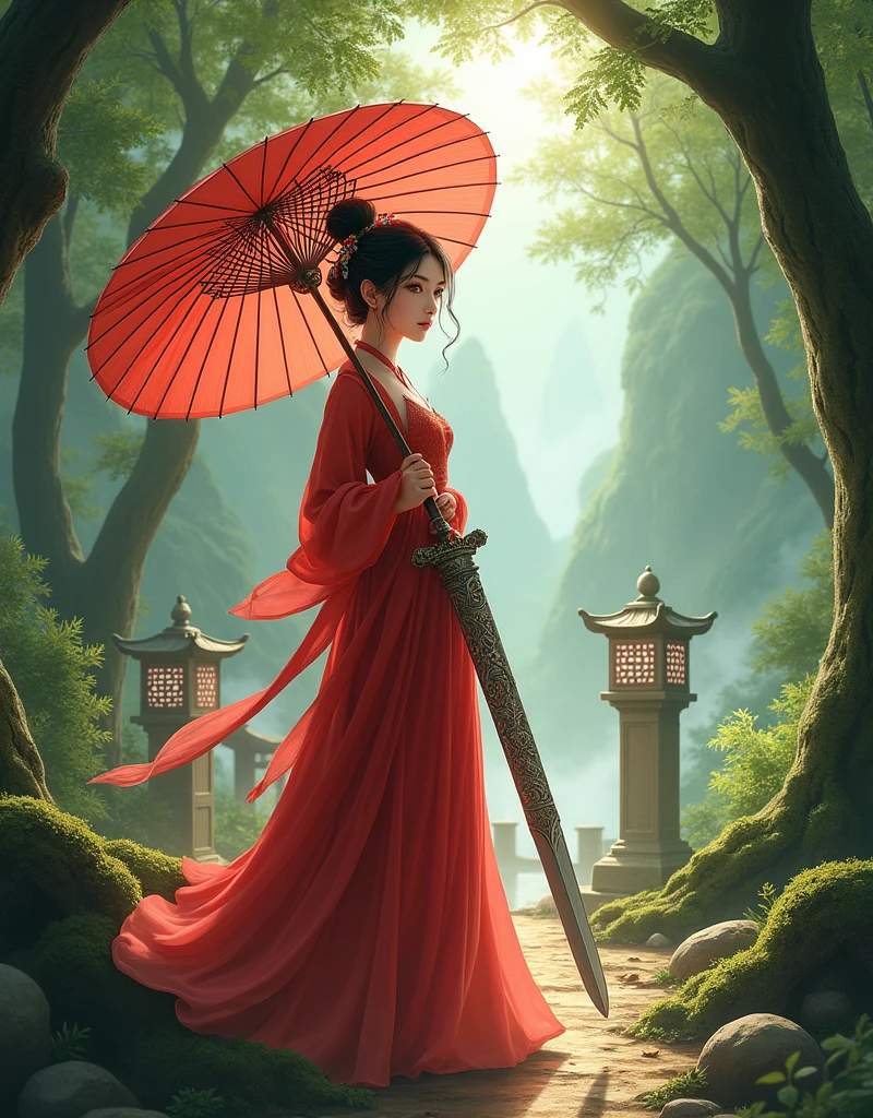Create a high-resolution digital illustration of a young woman in her late teens or early twenties standing in a dense, ancient forest. She holds a traditional oil-paper umbrella decorated with delicate plum blossom patterns, symbolizing the fusion of elegance and experience. The material of the umbrella should show a real oily paper texture and detailed patterns. Her other hand is holding a slender sword. The hilt is engraved with gorgeous dragon patterns, and the sword body shines with metallic luster, showing the real metal texture and meticulous craftsmanship.
She wore a beautiful crimson gown inspired by Li Lianhua's costume in the Chinese TV series "Lotus Tower." The robe should have an authentic fabric texture with delicate gold embroidery to showcase traditional Chinese aesthetics. The garment's layered design and loose cut needed to convey a natural drape, moving naturally with her every step. The long red ribbon and the pleats of the robe should give a realistic effect of light and shadow, adding movement and depth. Her hair is styled in a classic updo with jade hairpins and delicate tassels, with a few stray strands of hair falling naturally beside her face, highlighting her youthful and mature face. Her facial features should show the innocence of youth and the subtle lines of worldly experience.
She looked back into the distance, her expression a mixture of longing and determination. Her large almond-shaped eyes should have a deep expression that conveys the challenges she faces and the wisdom she gradually gains. The background is a verdant green forest, with tall ancient trees forming a natural canopy. The sunlight passes through the leaves and casts mottled shadows, showing the true effect of natural light and shadow.
The scene includes Chinese elements: moss-covered stone lanterns, winding bamboo paths, and mist-shrouded mountains in the distance. These elements should present authentic textures and details, adding an air of mystery. The entire p