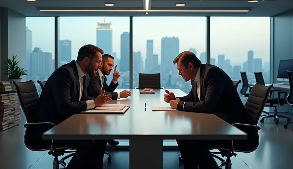 create an image of businessmen at a table arguing with an office background in 16x9 format