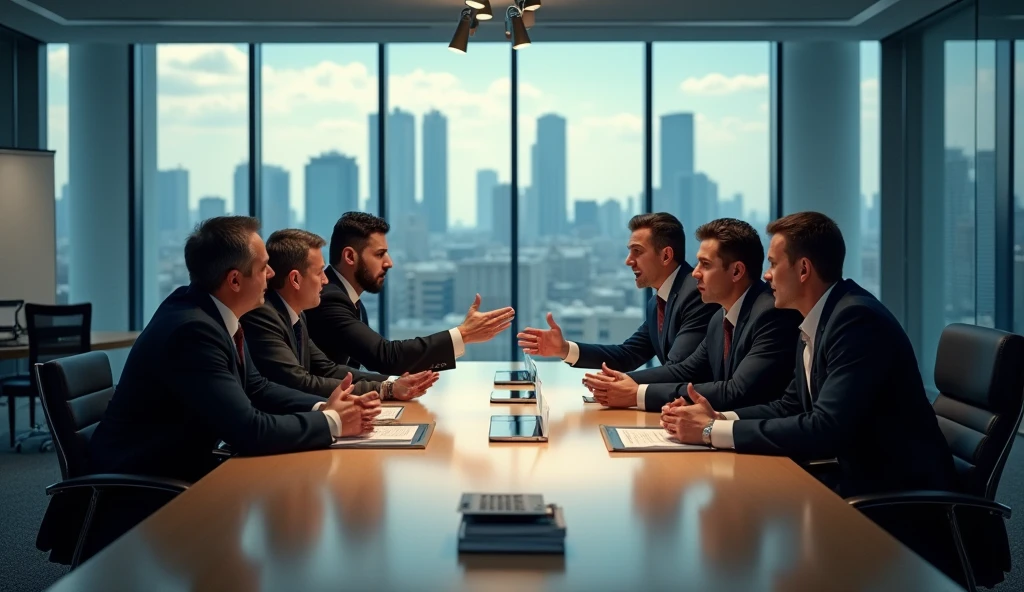 create an image of businessmen at a table arguing with an office background in 16x9 format