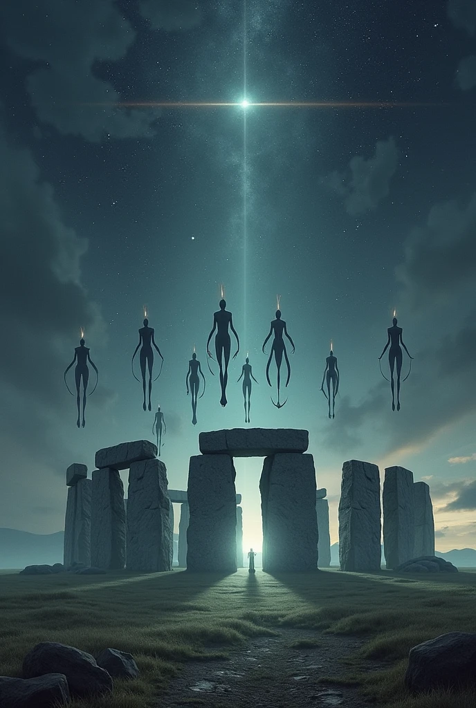 The stones of Stonehenge but complete, with gray humanoid beings from another planet which do not touch the ground but float while they are performing a ritual towards the stars