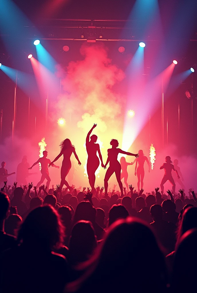 Dance concert poster with crowd and stage music lights fires glow