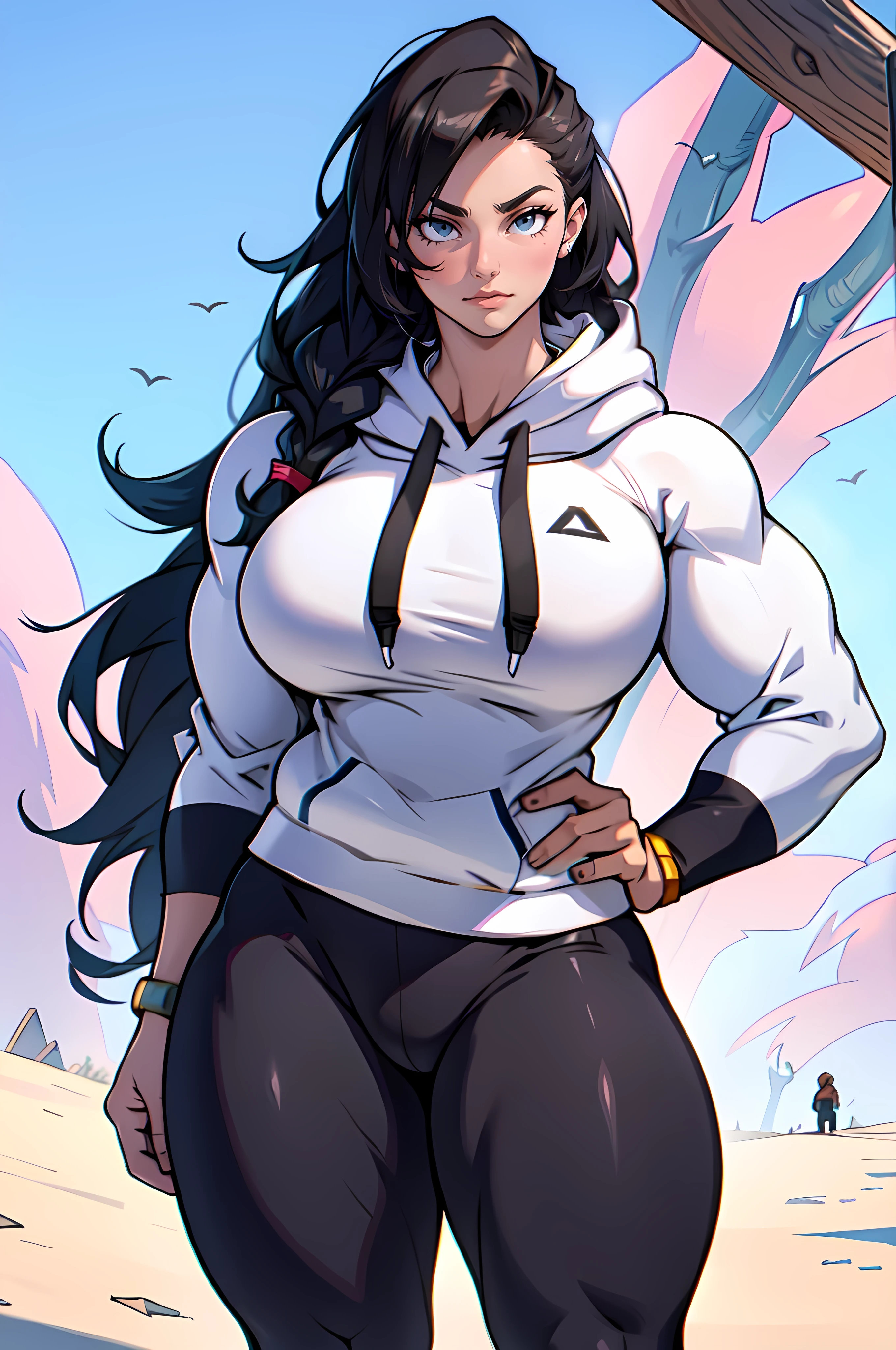 extremely long hair perfect anatomy 1girl tall solo curvy Giant Breasts ((Massive Female Bodybuilder)) hoodie leggings 