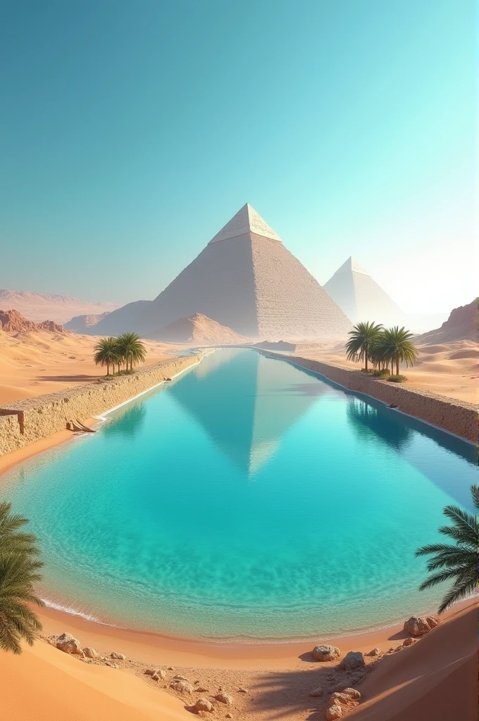 Crystal clear sea in the desert with 2 pyramids 