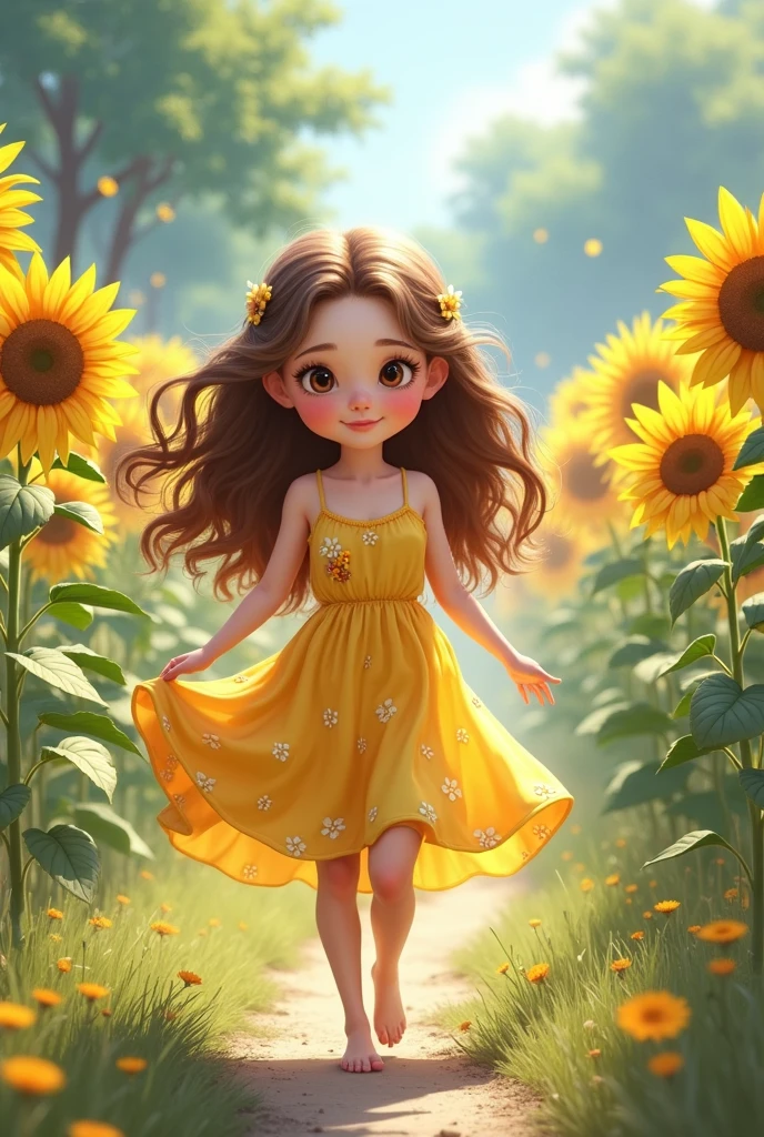 a in a yellow dress walking through a field of sunflowers, digital art by Yang J, trending on Artstation, digital art, adorable digital painting, beautiful sunflower anime girl, cute detailed digital art, cute digital art, childrens art in artstation, realistic cute girl painting, girl in flowers, cute cartoon character, beautiful digital illustration, girl in a flower field
