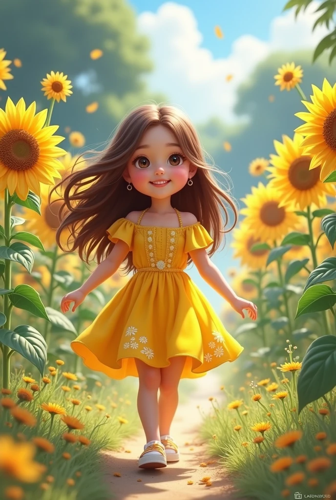 a in a yellow dress walking through a field of sunflowers, digital art by Yang J, trending on Artstation, digital art, adorable digital painting, beautiful sunflower anime girl, cute detailed digital art, cute digital art, childrens art in artstation, realistic cute girl painting, girl in flowers, cute cartoon character, beautiful digital illustration, girl in a flower field
