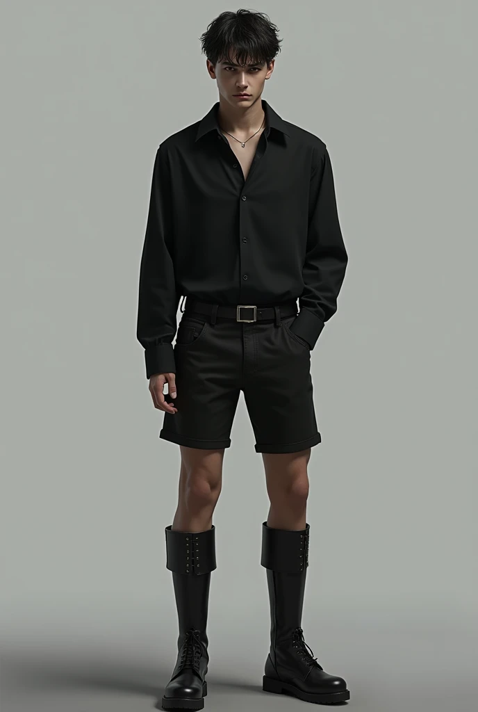 a young man with a serious expression wearing a black long-sleeved shirt, a pair of short black shorts and black knee-high boots