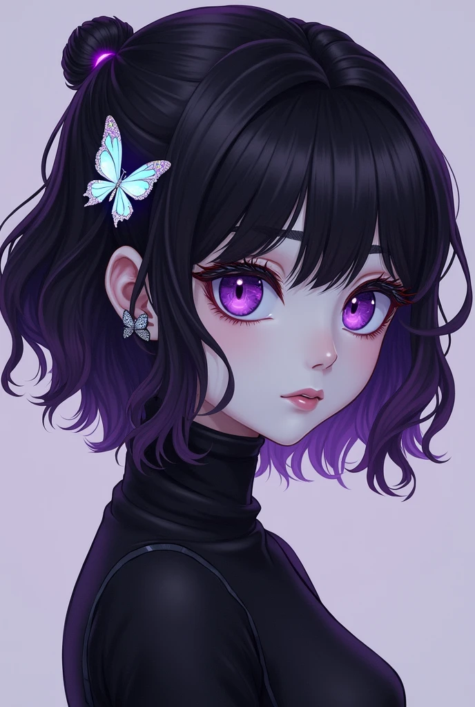 A  young woman with a slender short build and a fairly pale complexion. She has large eyes that lack pupils, only a haze of gradient purple, making her eyes appear similar to those of insects. She has very short raven-black wavy hair that fades into dark purple at the ends, styled at the back of her head into a flat yakai-maki bun, fastened with a white, turquoise and light purple butterfly ornament. She has center-split, ear-length, voluminous curtain bangs that flow down to frame the sides of her face, with two slightly thinner chin-length locks of hair in front of her ears below them.