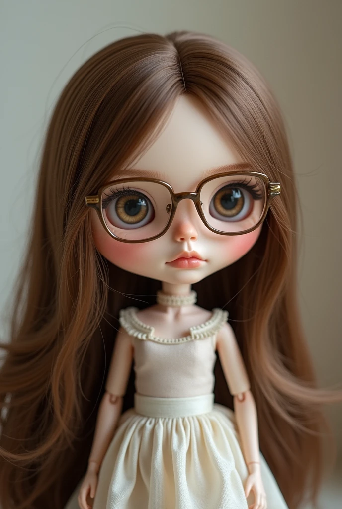 blythe doll, hair long, cofee eyes and hair, NO BANGS, white skin, glasses, straight hair