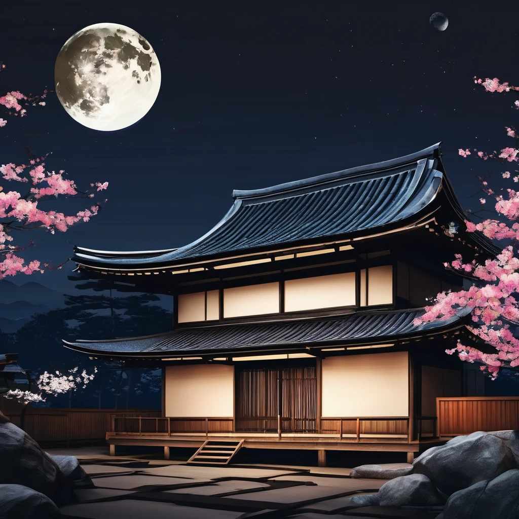 wallpapersv1, Japanese house night moon view patern style wallpapersv1, 8k