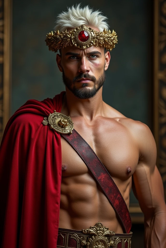 25 year old man, muscular, with a claw scar on the left side of his face, brown left eye, blue right eye, heterocromia, trapezoidal head, Aquiline nose, cleft chin,with short beard, short hair castaño con degradación blanco en las puntas, short hair, wide shoulders, Thin waist, dressed as emperor, golden laurel wreath crown, red cape, tanned skin, standing, looking to the camera, ((The best quality)), ((masterpiece)), (Details), perfect face, High Definition, masterpiece,4k,Details clearly