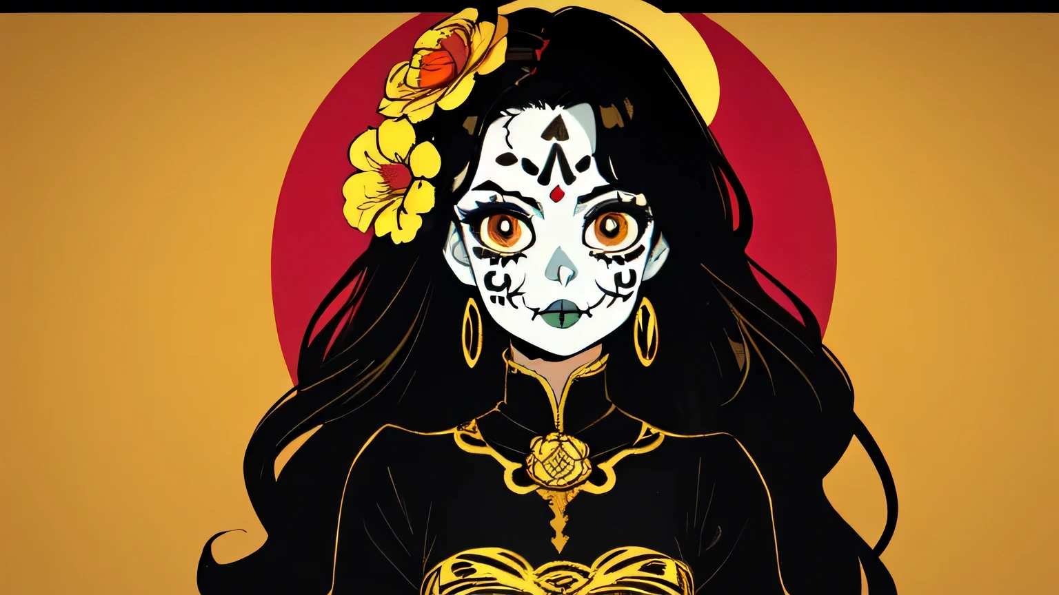 1girl,solo,girl,painted face,ornate face paint,black hair,long hair,messy hair, brown skin,brown eyes,long dress,beautiful dress,ornate dress,dress with gold accents,dia de los muertos dress,dia de los muertos aesthetic,flowers, cinematic, high contrast, beautiful mexican background,complementary colors,wallpaper,