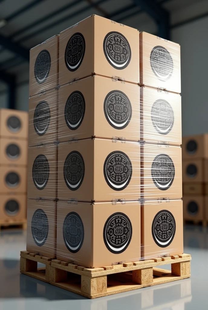 I want a Pallet full of medium sized cardboard boxes of Oreo (show the representative cookie printed in the boxes), tightly wrapped in plastic paper.
