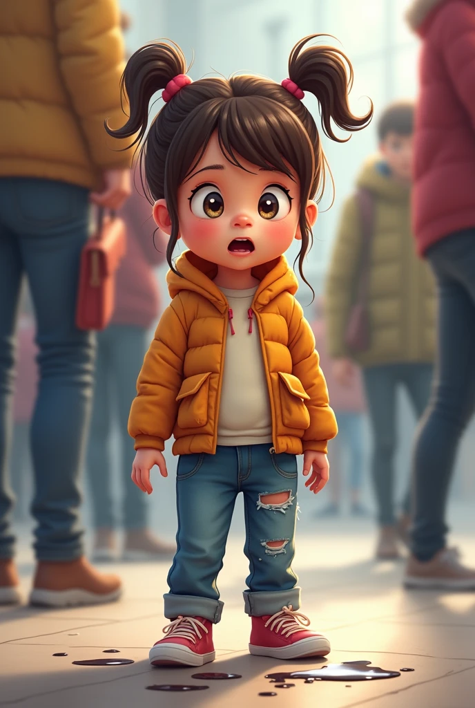 Girl that pees her jeans in public and looks shocked
You can clearly see the wet patch on her jeans shes 2 and you can see her wet pants full of pee