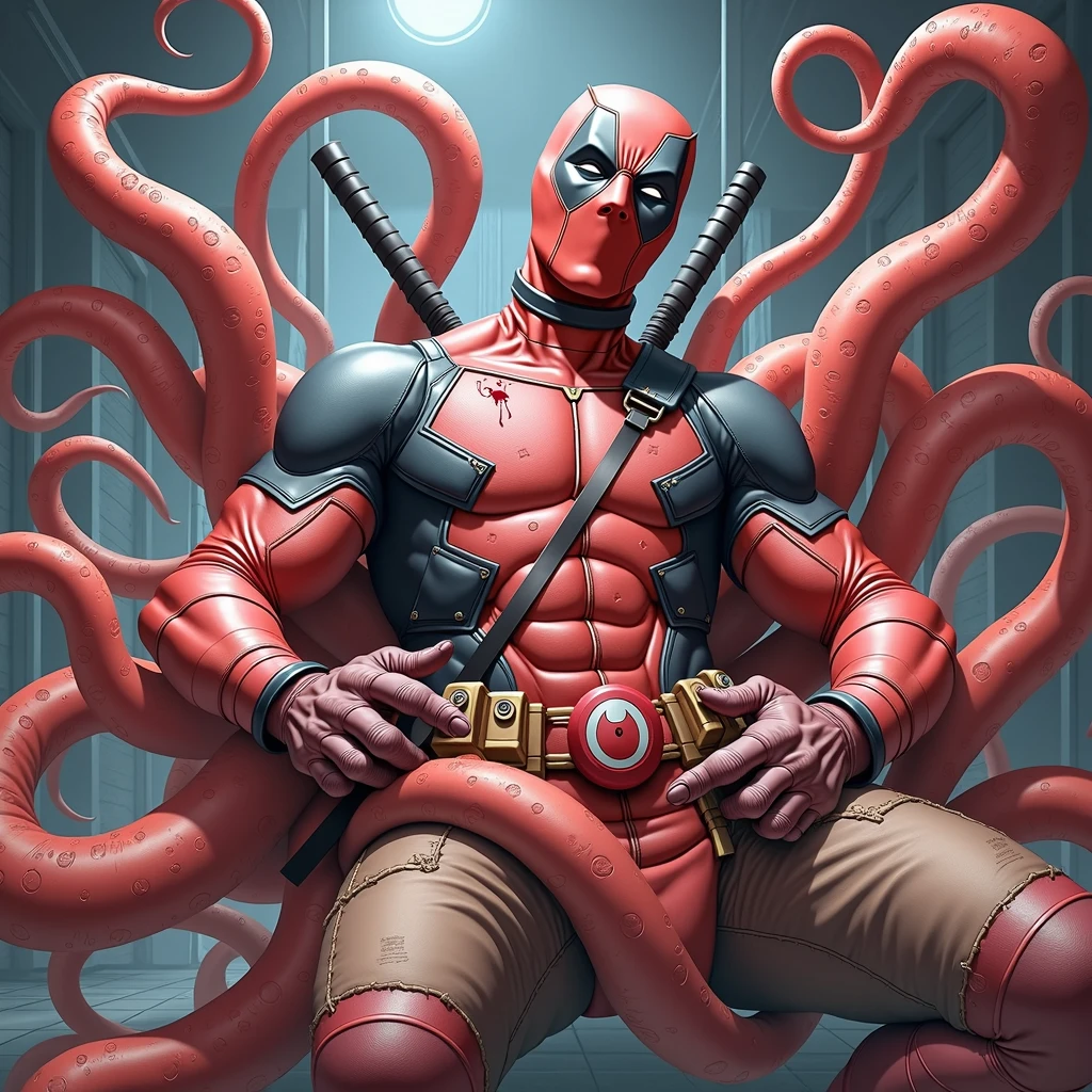 Marvel Heroes, Deadpool, Tentacle entanglement, uniform, Binding hands togethe, Foreign object invasion, monster breeding, wet, slime, tentacles, slimy tentacles, monster and human breeding, Tentacles wrapped around the body, Insert tentacles into the body, Blocked mouth by tentacles, Both hands are bound, The reproductive organs are covered in tentacles, The chest was torn apart by tentacles, Tentacles penetrate deep into clothes