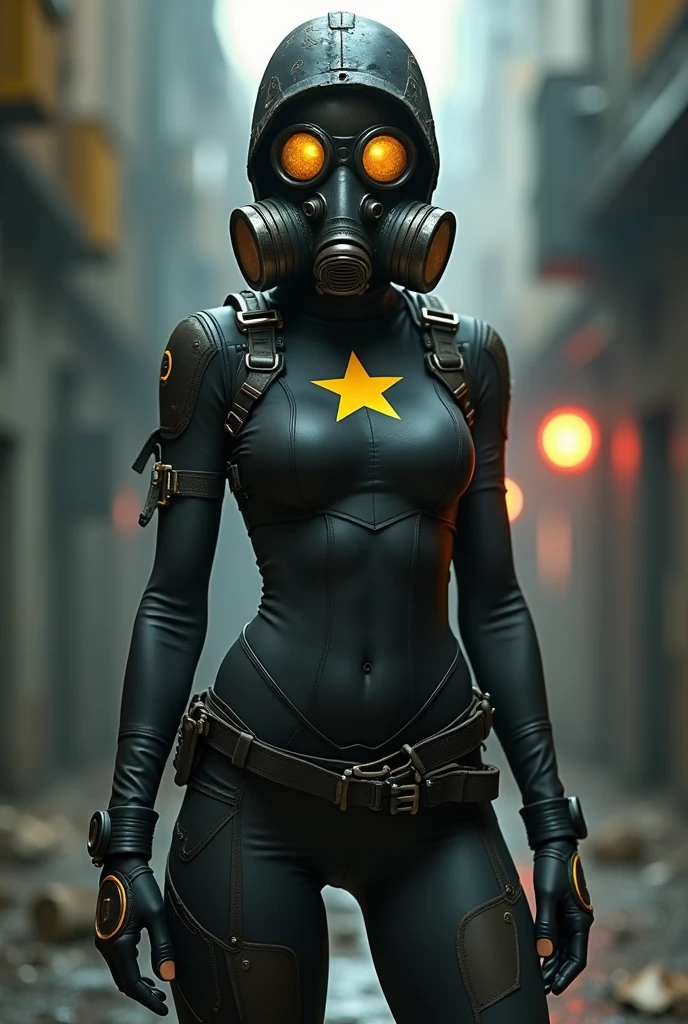 WOMAN hero, DARK glue , YELLOW star on the chest, ARTPOP gas mask