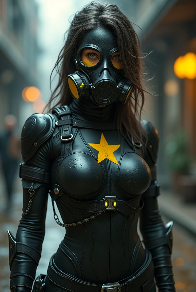 WOMAN hero, DARK glue , YELLOW star on the chest, ARTPOP gas mask