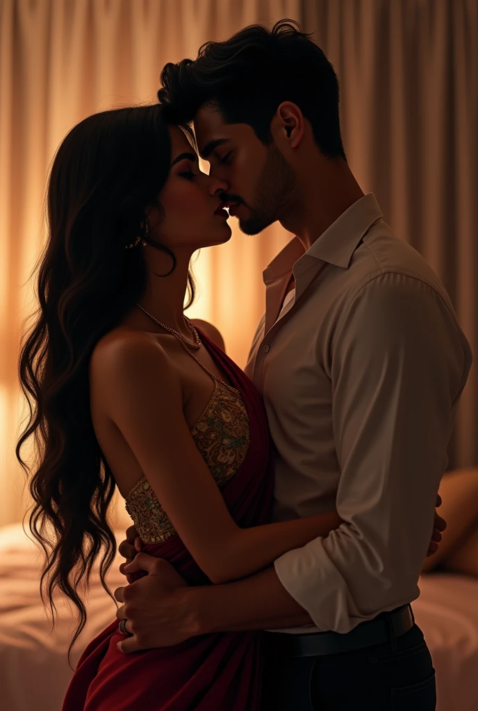 Create a image of a 25 year old indian girl in a room long black silky hair style her 24 year old boyfriend kissing her neck and romancing