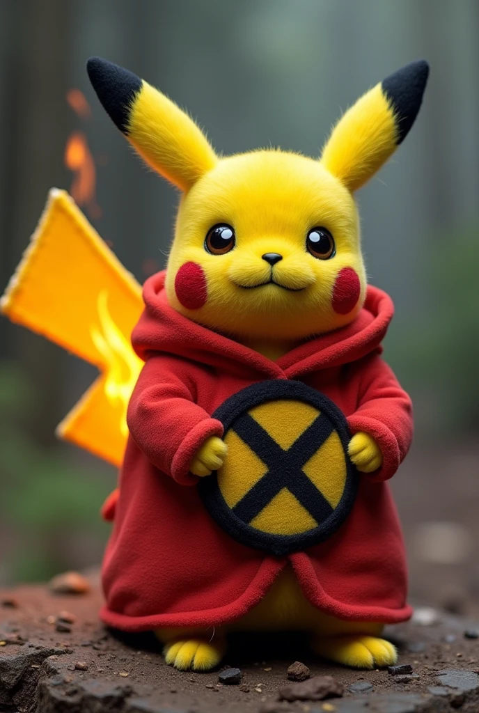 Pikachu en combinaison du kukluxklan avec une personne qui brûle derrière sur une croix et un drapeau confédéré à côté 