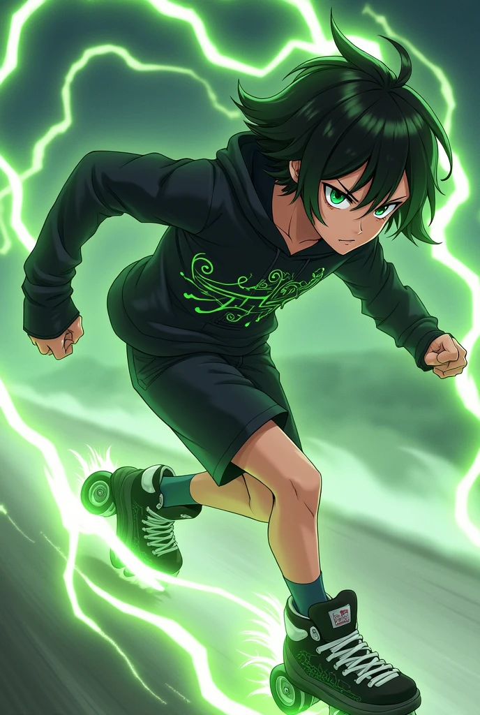 Could you please create an Anime Character. A male character with black hair reaching his ears, bright green eyes, wearing a black hoodie with green lightning around the waist, black shorts, and a silver ring with a subtle lightning pattern. He has a green lightning aura. He schuld wear cool black inline skates with green weehls. His hair should a little bit curly and with a bit green in it. He is 2. He is racing. His height is 1.83