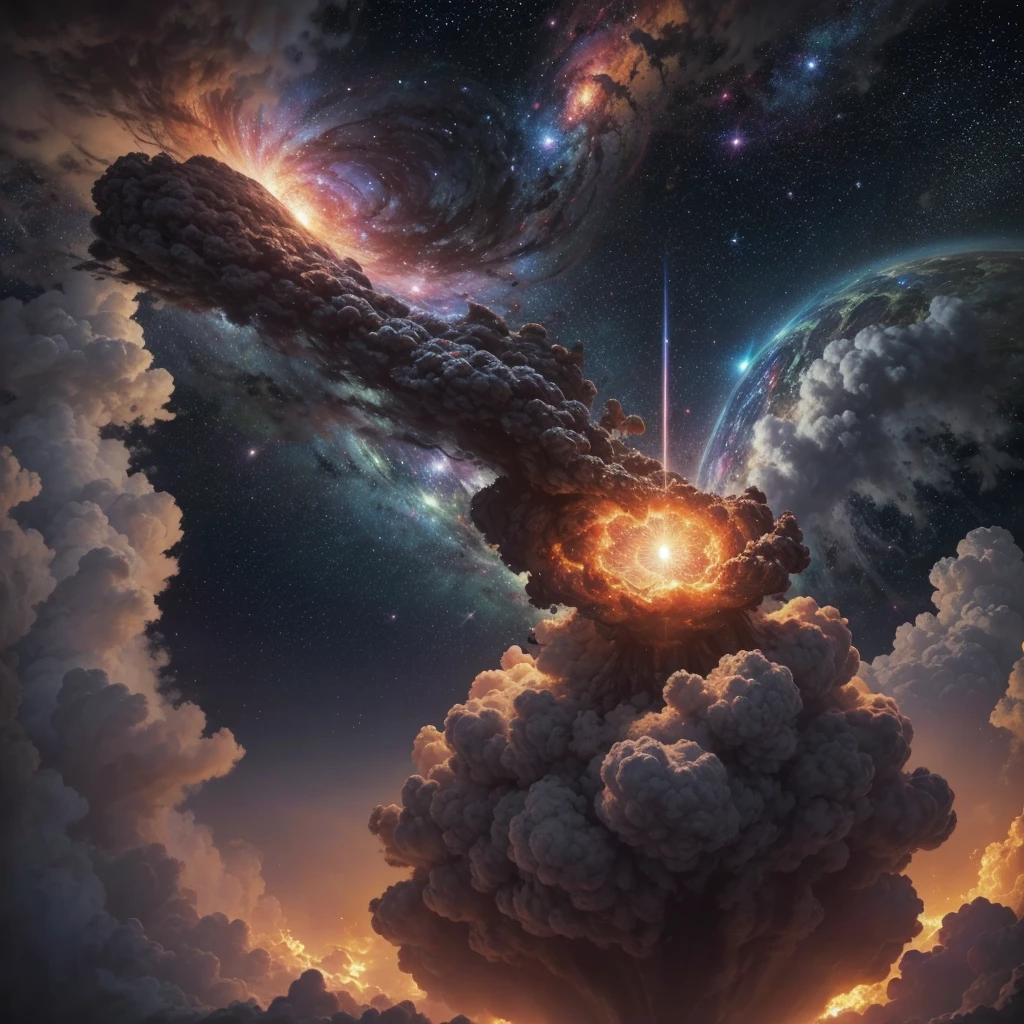 God, the omnipotent creator of the entire universe, greater than all galaxies, represented by the figure of a hyper hyper mega gigantic cloud of energy in the middle of the hyper detailed universe, hyper acute, Hyper realistic, Intricate, 32K, Photorealistic style
