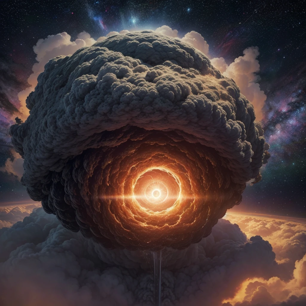 God, the omnipotent creator of the entire universe, greater than all galaxies, represented by the figure of a hyper hyper mega gigantic cloud of energy in the middle of the hyper detailed universe, hyper acute, Hyper realistic, Intricate, 32K, Photorealistic style
