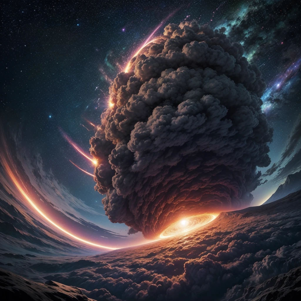 God, the omnipotent creator of the entire universe, greater than all galaxies, represented by the figure of a hyper hyper mega gigantic cloud of energy in the middle of the hyper detailed universe, hyper acute, Hyper realistic, Intricate, 32K, Photorealistic style  