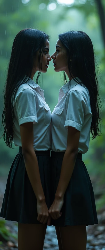 Two most beautiful Indian girls age 18xy bodies detailed eyes detailed pink lips long hair black, long legs ,sexy legs with very big breast, both wearing mini school skirts and white tit shirts cotton 2 button open lot of clevage show both girls standing nose to nose angrily stare each other angrily catfight in rain in jungle heavy storm pulling each other hair , ultra max 4k masterpiece realistic picture quality, cinematic view late night scene