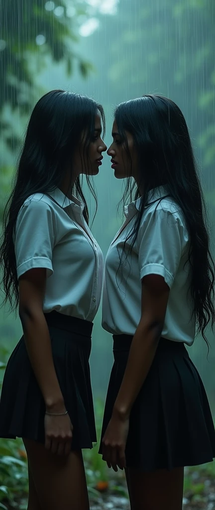 Two most beautiful Indian schoolgirls age 18 sexy bodies detailed eyes detailed pink lips long hair black, long legs ,sexy legs with very big breast, both wearing mini school skirts and white tit shirts cotton 2 button open lot of clevage show both girls standing nose to nose angrily stare each other angrily catfight in rain in jungle heavy storm pulling each other hair , ultra max 4k masterpiece realistic picture quality, cinematic view late night scene