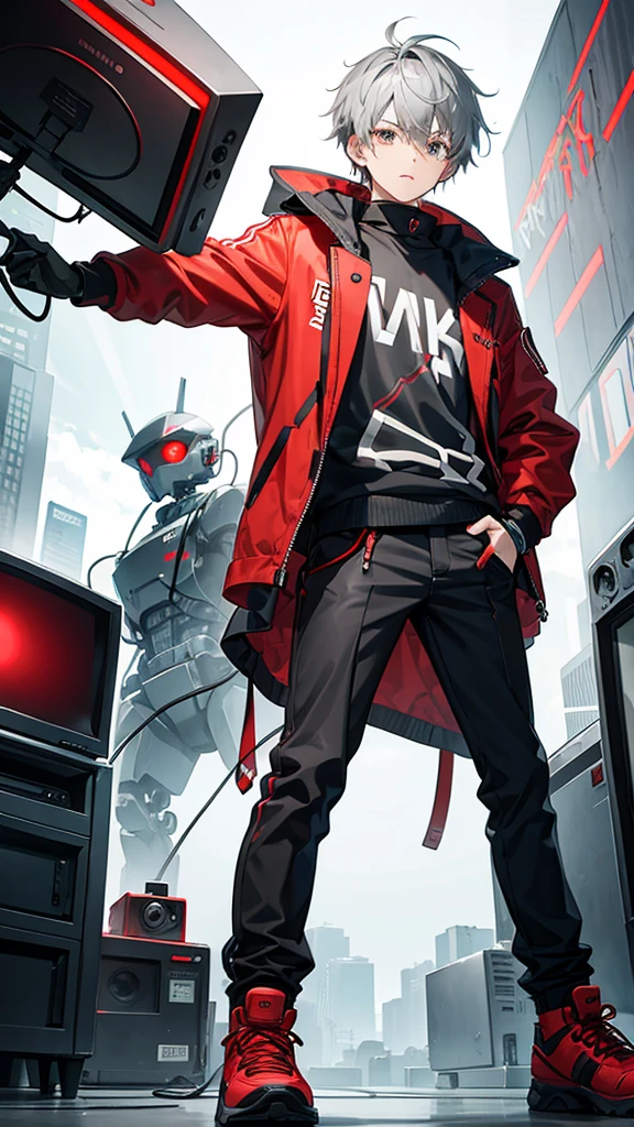 Gray robot boy, with red jacket, and TV head.
