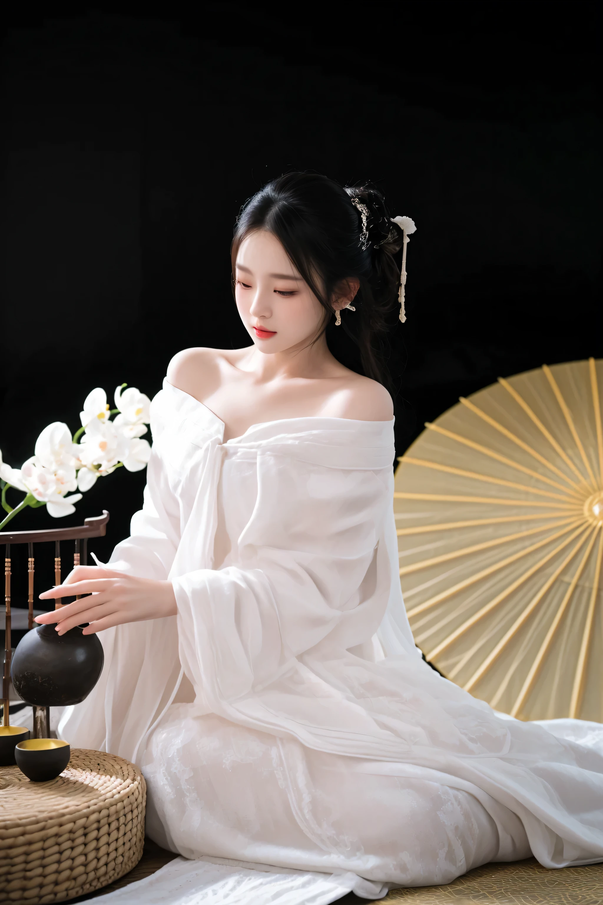 there is a woman sitting on the floor with a white dress, white hanfu, palace , a girl in hanfu, hanfu, long flowing white robe, flowing white robes, wearing white silk robe, with acient chinese clothes, elegant lady with alabaster skin, wearing ancient chinese clothes, pale milky white porcelain skin, traditional chinese clothing, traditional beauty