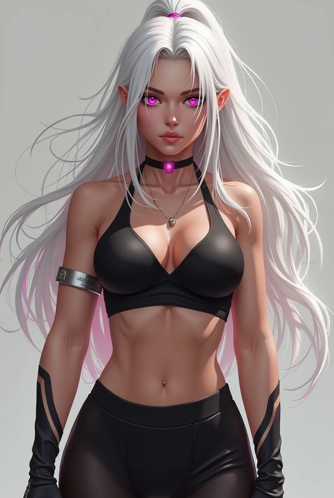 woman character, strong and beautiful with white hair and pink eyes, white, in black fighting clothes, PICTURE REALISTIC