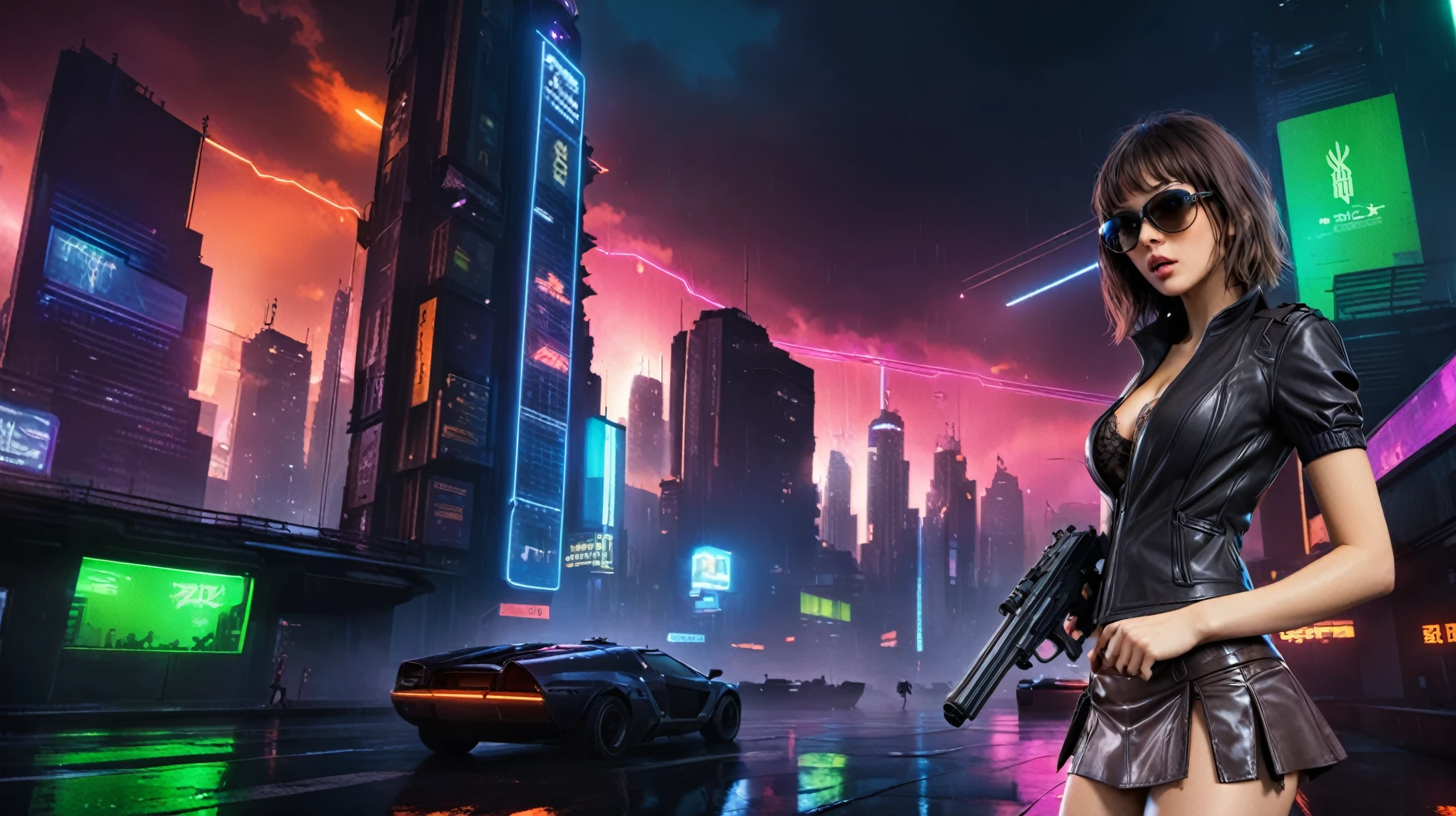 (low angle view), Blade Runner style futuristic city, flying cars, neon lights, rainy night. (1girl, solo, alone), large-breast:1.2 slim body, slim face, cleavage:1.1, sexy laced lingerie, very low angle view miniskirt, jacket, (black micro sunglasses), (holding a short gun), running pose, half-body thigh level medium shot, cinematic lighting, ray tracing.