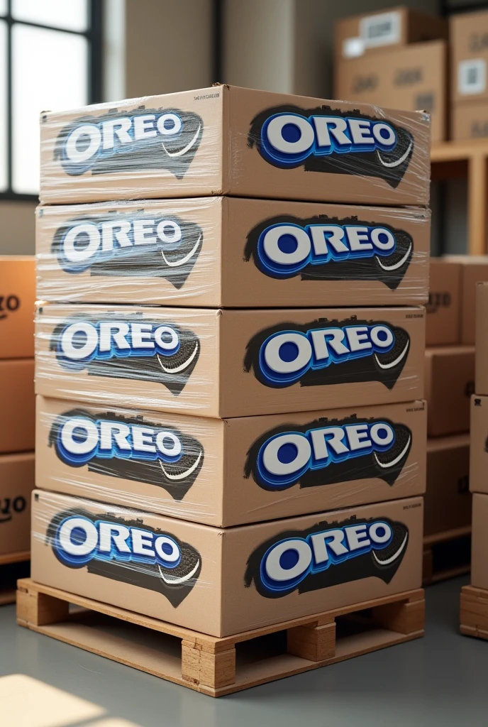 I want a Pallet full of medium sized cardboard boxes of Oreo (show the representative brand printed in the boxes), tightly wrapped in plastic paper.