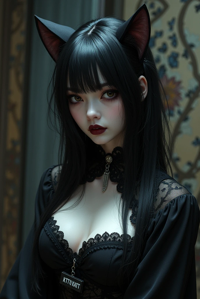 i want to see a gothic japanese woman with cat ears and a name tag written Ktty Katt