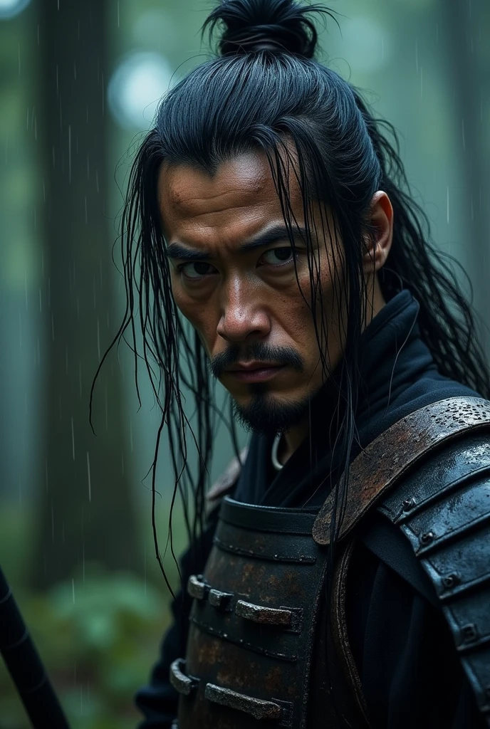 Close-up of a samurai's face, rain falling, realism, realism, Very detailed, Dynamic. cinematographic, stunning, realists, Lights and shadows, dramatic, stunning, which add to the natural and slightly melancholic atmosphere. Dark forest in the background 200mm lens, opening f/4, Iso 800, shutter speed 1 / 500s, white balance set to cloudy. , realist, highly detailed ar ar 24: 37 styl stylize 750 vv 6