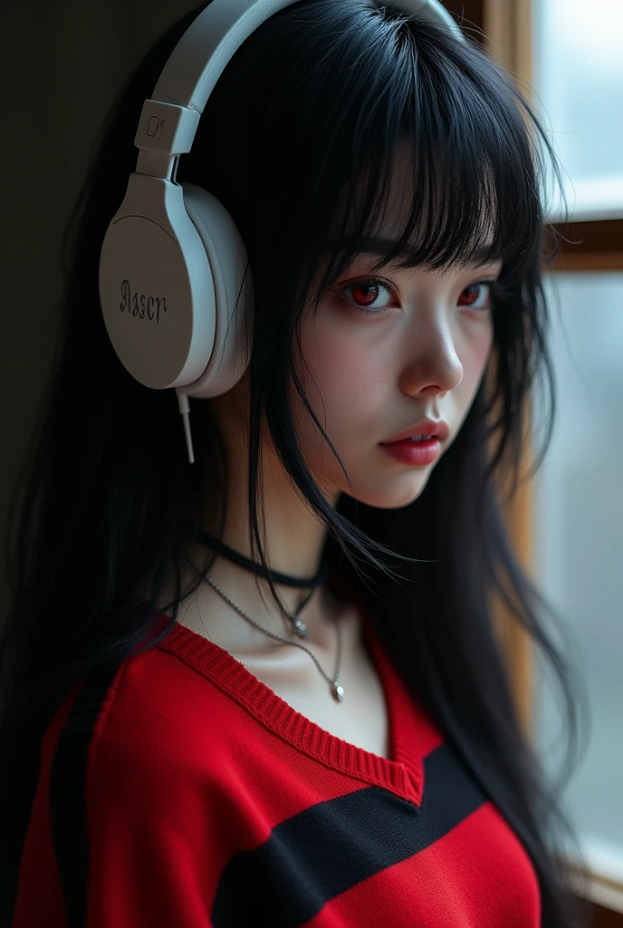 Girl/black hair/red eyes/red and black striped sweater/necklace/white headphones/in profile