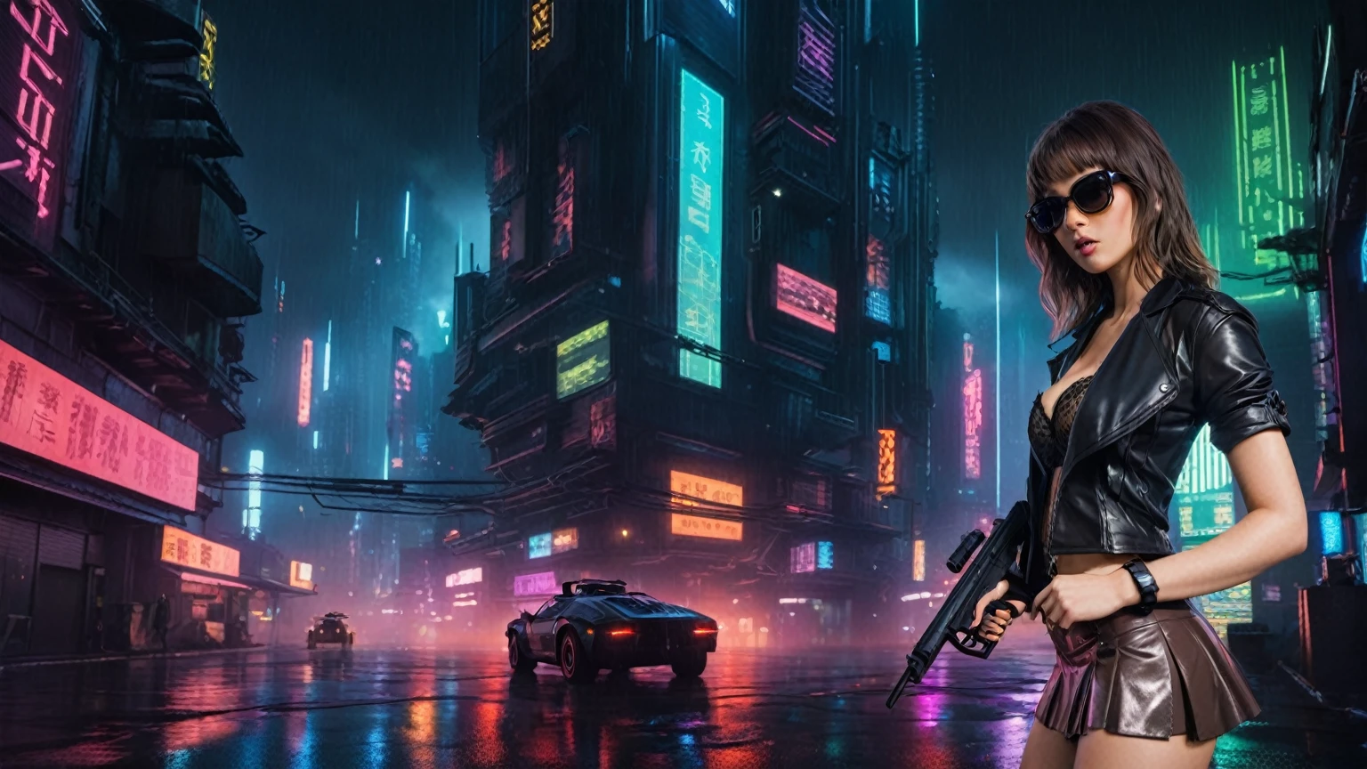 (((aerial view))), Blade Runner style futuristic railway platform, hi-tech train, neon lights, rainy night. (1girl, solo, alone), large-breast:1.2 slim body, cleavage:1.1, sexy wind blowing wet dress:1.4, headphone, (black sunglasses), (((she raised a pistol:1.8 and shot:1.8 the viewer))), dynamic pose, (((half-body thigh level medium shot))), cinematic lighting, lens flare, ray tracing, blurred:1.4 background.