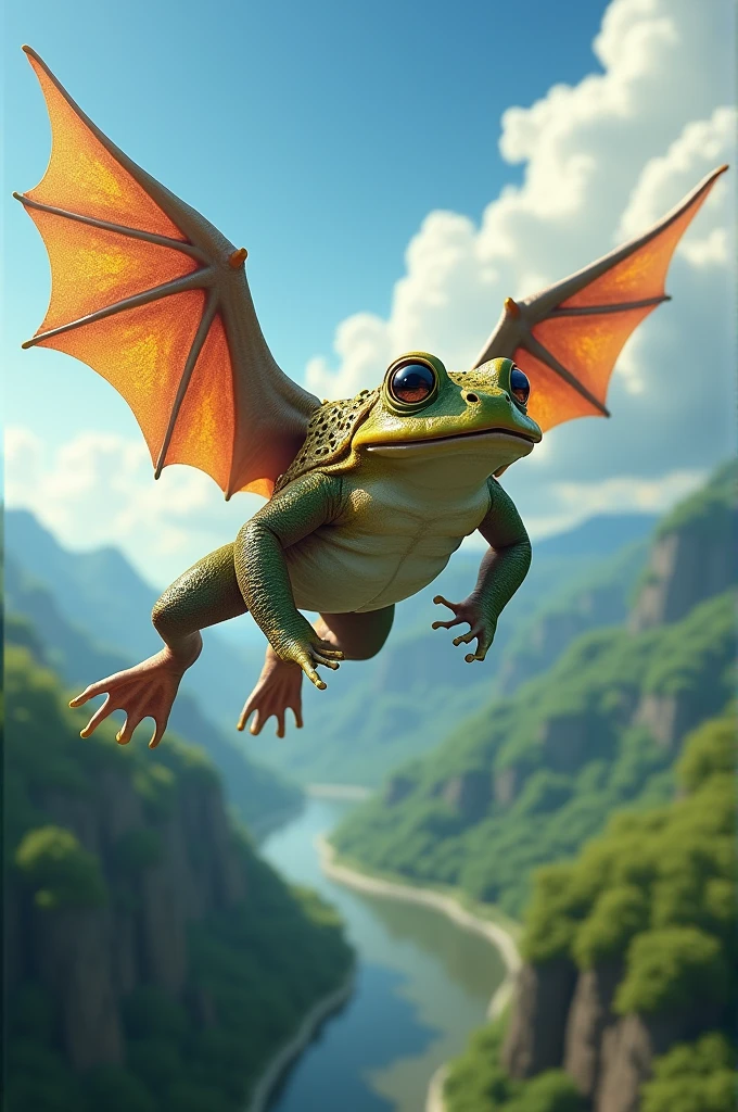 A toad with wings flying in the sky
