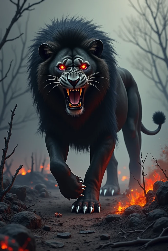 Black Lion with scary red eyes. Walking over a dark field devastated by a fire., Expressionism, motion lines, textured skin, super detail, high quality