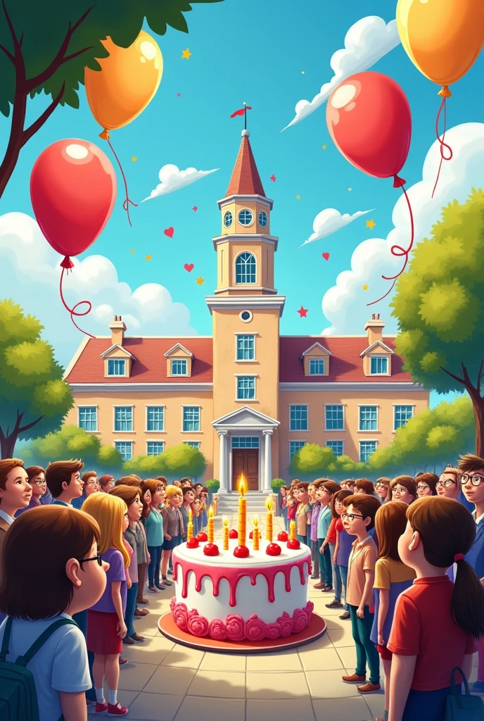 A school, balloons and cake celebrating a school's anniversary, caricature style