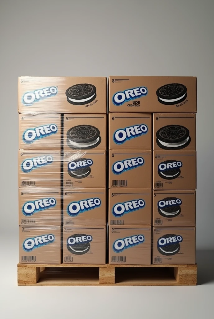 I want a Pallet full of medium sized cardboard boxes of Oreo (show the representative brand printed in the boxes), tightly wrapped in plastic paper.