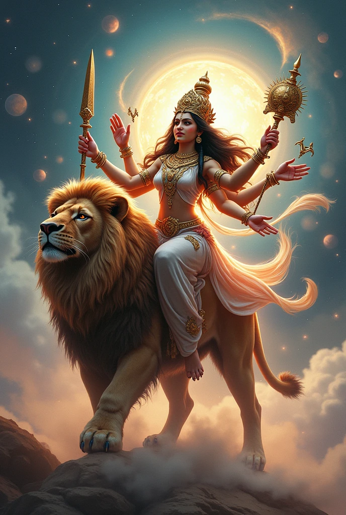 A picture of Durga Matata riding on a lion