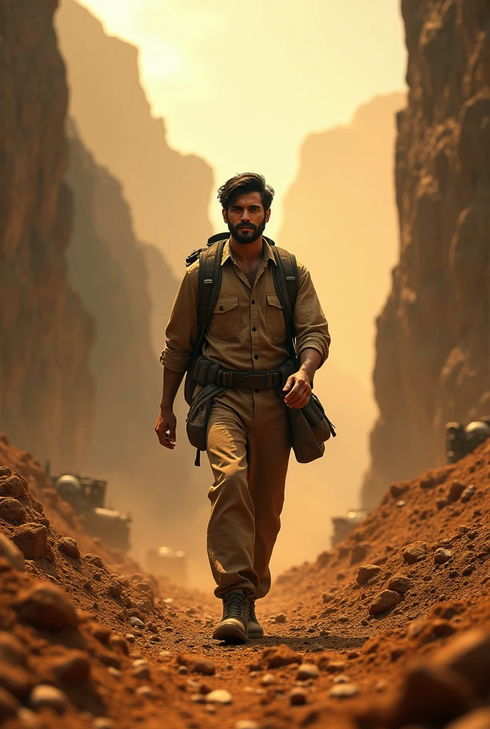 A younger man walking/ background image Write K.G.F