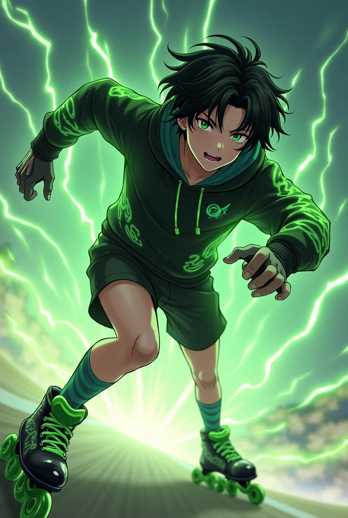 Could you please create an Anime Character. A male character with black hair reaching his ears, bright green eyes, wearing a black hoodie with green lightning around the waist, black shorts, and a silver ring with a subtle lightning pattern. He has a green lightning aura. He schuld wear cool black inline skates with green weehls. His hair should a little bit curly and with a bit green in it.  He is 2. He is racing. His height is 1.83